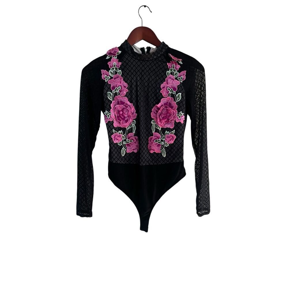 Latiste by Amy Small black mesh floral flower embroidered bodysuit long sleeve